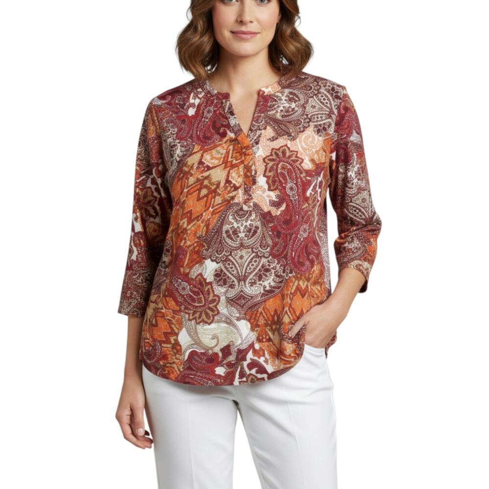 Christopher & Banks Top Women M Red Burgundy Paisley 3/4 Sleeve Pullover Office